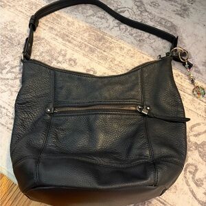 The Sak Black Pebbled Leather Shoulder Bag with Front Zip